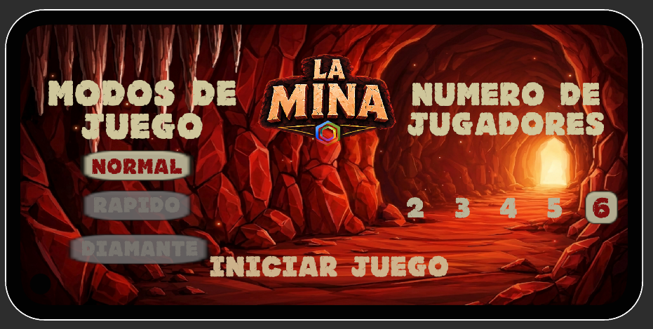 Pantalla de seleccion de modo de juego y numero de jugadores de la app de La Mina